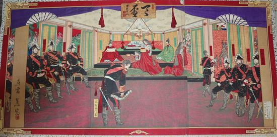 Japanese School, 3 triptych woodblock prints, unframed Oban triptych 34 x 70cm,